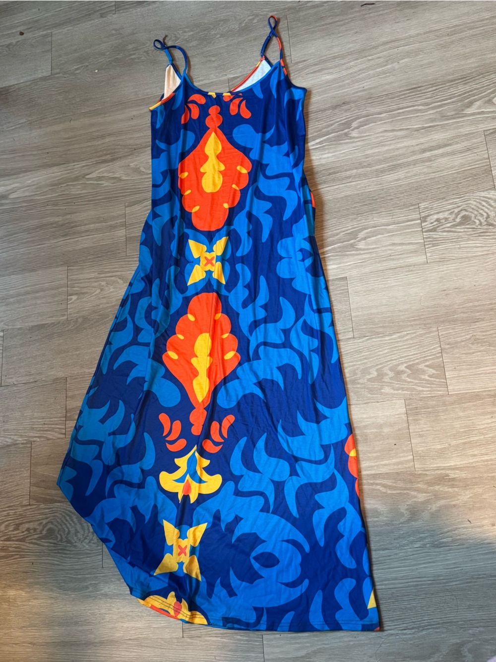 Blue Printed Spaghetti-Strap Maxi Dress with Bold Orange Accents